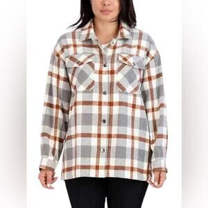 HFX Gray & Brown Plaid Shacket  Relaxed‎ Fit Front Snap Closure Women's Size Med
